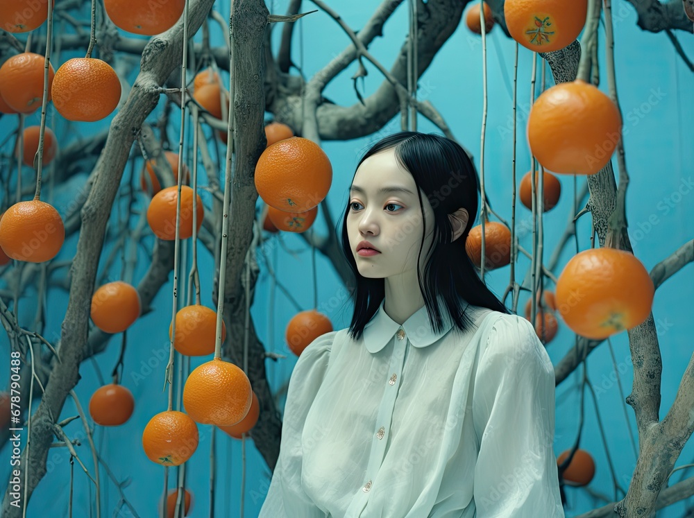 Poster a woman standing in front of a tree with oranges hanging from it's branches and a blue wall behind h