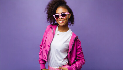 fashion young african girl black woman wear stylish pink glasses clothes looking at camera isolated on party purple studio background