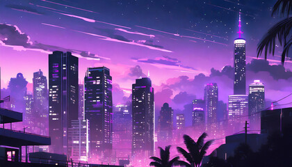 chill lo fi vibes with night skyline and purple hues manga and anime inspirations generative ai