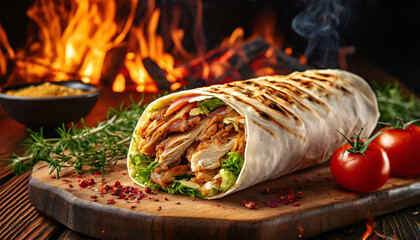 deliciously dense shawarma roll placed on rustic board with fiery flame in the background shawarma is generously filled with grilled chicken beef or lamb infused with aromatic spices - obrazy, fototapety, plakaty