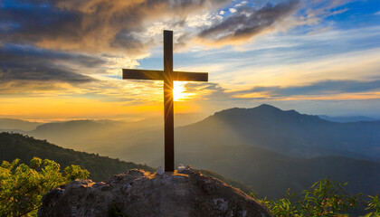 cross on the top of the mountain with sunset background generative ai - obrazy, fototapety, plakaty