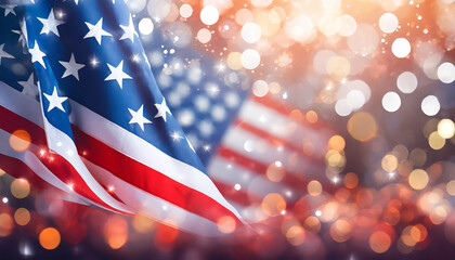 american flag and bokeh background with copy space for 4 july independence day and other celebration - obrazy, fototapety, plakaty