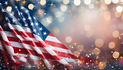 american flag and bokeh background with copy space for american celebration