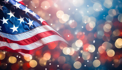 american flag and bokeh background with copy space for 4 july independence day and other celebration - obrazy, fototapety, plakaty