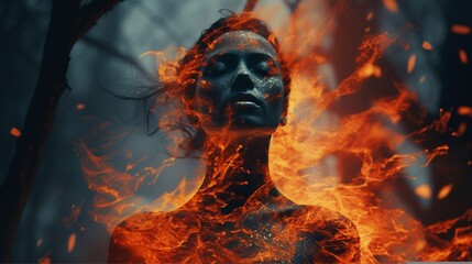 Triple exposure: A seamless blend of fire's energy, nature's elegance, and human aura. - obrazy, fototapety, plakaty