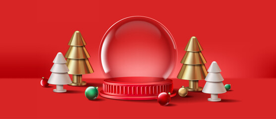 Glass snow globe Christmas decorative design. Podium under transparent glass dome. Xmas red round scene. Red and white Studio. Stand for Promotion Product. 3d Vector Illustration.