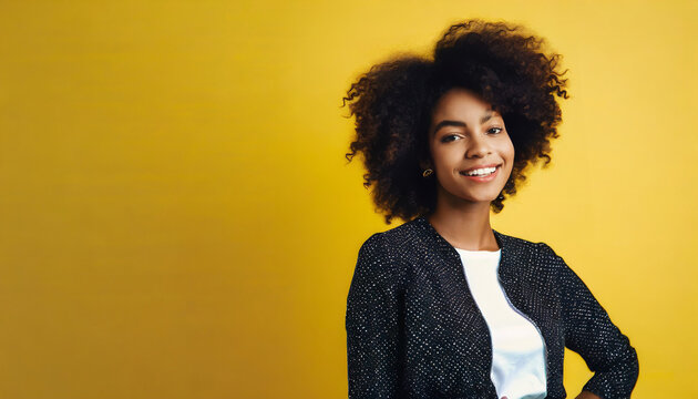 portrait fashion and mockup with an afro black woman in studio on a yellow background for style trendy hair and mock up with an attractive young female posing alone on product placement space