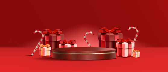 Festive red podium with gift wrap and candy cane in modern scene. Red minimal scene product. 3d Vector Illustration.