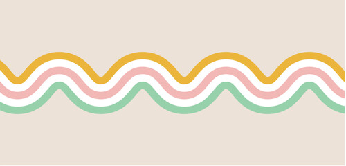 1970s 1980s Wavy Retro Rainbow Groovy Lines Pattern in pink blue yellow orange. Abstract Hippie style psychedelic vector background