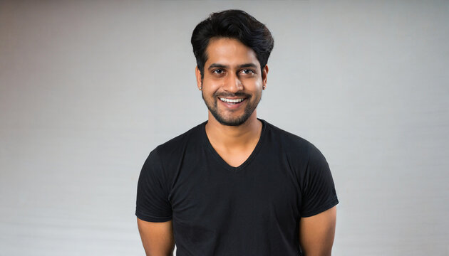 people positive emotions concept studio waist up of young happy smiling broadly hindu man standing in centre isolated on white background wearing black casual t shirt looking straight at camera