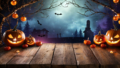 spooky halloween background with empty wooden planks - obrazy, fototapety, plakaty