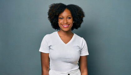 young african american woman wearing casual white t shirt with a happy and cool smile on face lucky person - obrazy, fototapety, plakaty