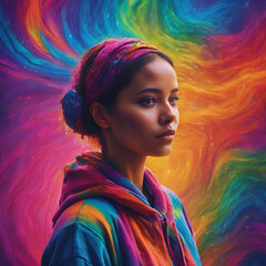 A person with colorful vivid background. Illustration of auditory hallucinations. Mental health concept. World Mental Health Day 10 October - obrazy, fototapety, plakaty
