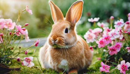 red haired pet rabbit sitting on green grass with pink flowers close up photo of a pet