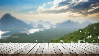 wooden terrace the blurred and christmas background wood white table top perspective in front of natural in the sky with light and mountain blur background image for product display generative ai