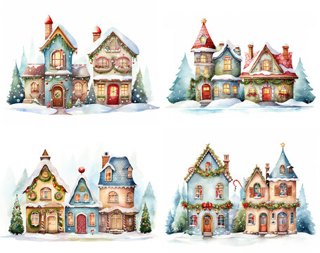 watercolor cartoon style illustration, cute winter snow town , cold snow fall covered over roof, happy Christmas and new year time, Generative Ai
