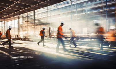 A busy construction site with many builders working. Long exposure motion blur - obrazy, fototapety, plakaty