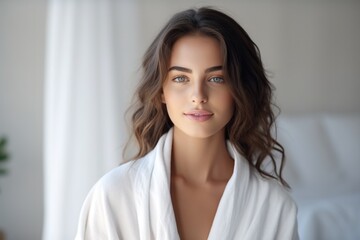 smiling woman enjoying beauty treatment on beige background. AI Generated