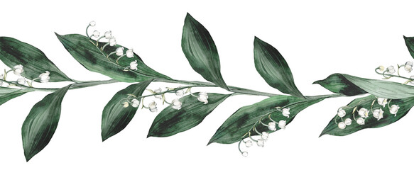 Watercolor border illustration lilies of the valley with white flowers and green leaves isolated on white background. Element hand painted natural plant twigs with spring forest primroses - obrazy, fototapety, plakaty