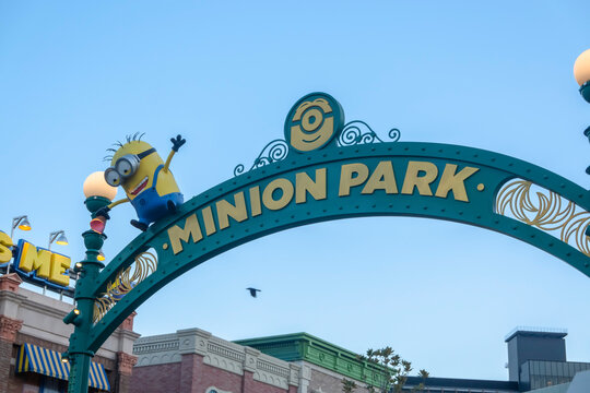 Osaka, Japan. Nov 14, 2023. A welcome Minion Park sign at the universal studios.