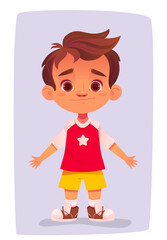 Standing little child. Funny teenage boy in stylish clothes and boots. Model for animation. Front view of preschooler character. Smiling kid. Cartoon flat vector illustration