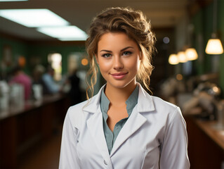 portrait of a young female doctor in a white coat in a clinic waiting room