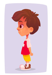 Standing little child. Side view of little cute boy wearing stylish tshirt and boots. Preschool child in profile. Colorful design element for animation. Cartoon flat vector illustration