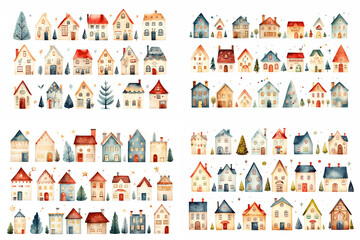 Naklejka premium watercolor cartoon style illustration, cute house in winter time, decorated in happy Christmas and new year theme, Generative Ai