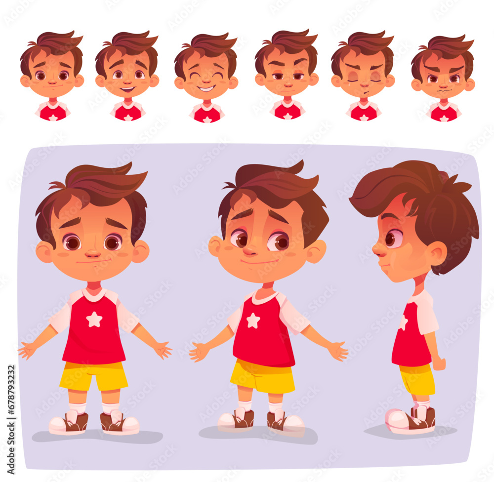 Poster boy character constructor set. child character image with different facial emotions and body poses. 