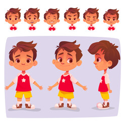 Boy character constructor set. Child character image with different facial emotions and body poses. Design elements for animation. Cartoon flat vector collection isolated on white background