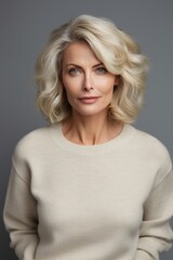 Naklejka premium Beautiful gorgeous 50s mid aged mature woman looking at camera isolated on gray. AI Generated
