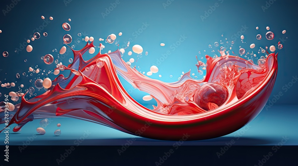 Poster a red liquid splashing out of a red bowl on top of a blue surface with bubbles on the bottom of the 