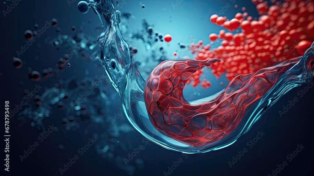 Poster a close up of a red object in a body of water with bubbles on the bottom of the image and a red obje
