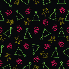 Vector seamless pattern for Christmas  or New Year Christmas tree Christmas balls and cookies vector icons texture on black background. Can be used as wallpaper, wrapping paper banner or card template