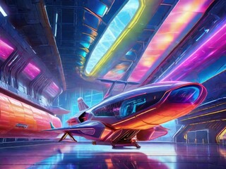 3d rendering of an airplane in a futuristic space station with neon lights
