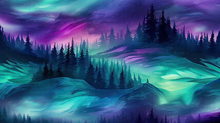 Obraz na płótnie Canvas Abstract Watercolor Northern Lights Background Texture, Dreamy Aurora Polar Lights. Celestial Watercolor Landscape With Aurora Borealis. Generative AI