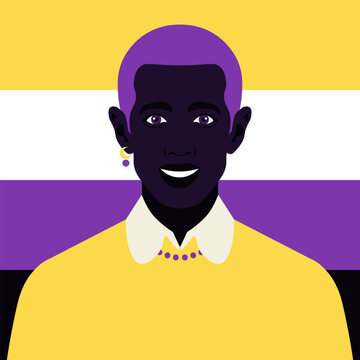 A portrait of an African nonbinary person. LGBTQIA. A pride flag. Vector flat illustration