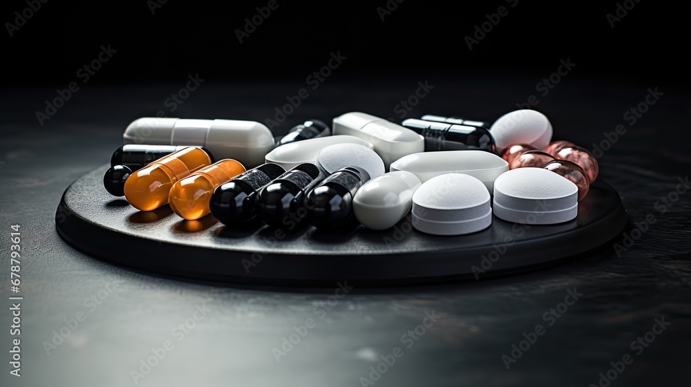 Poster  a close up of a tray of pills on a table with one pill in the middle of the tray and one in the middle of the pills in the middle of the tray.