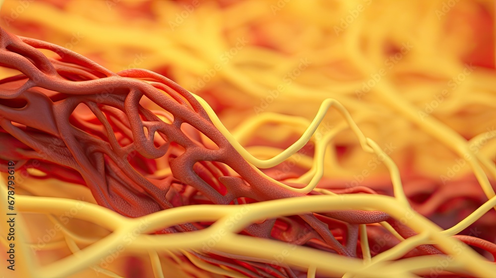 Poster a close up of a red and yellow structure of a human's body with a lot of red and yellow lines coming