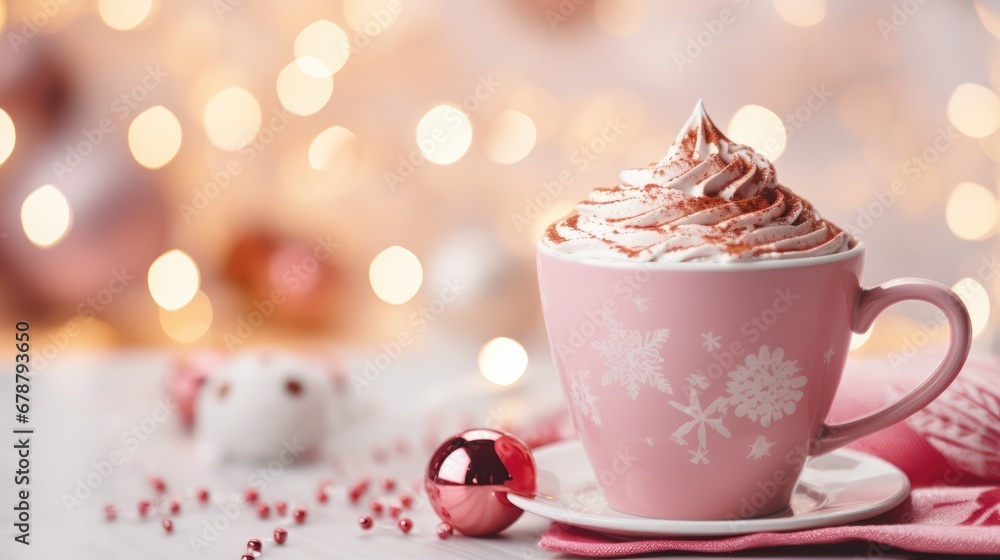 Poster  a pink cup filled with whipped cream on top of a saucer next to a pink napkin and a pink christmas ornament on the side of the table.