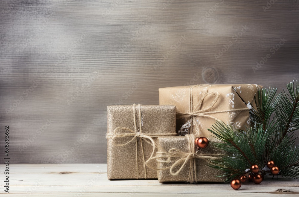 Poster two presents wrapped in brown paper and tied with twine and twine of twine, with a pine tree branch 