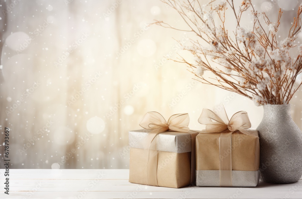 Poster two wrapped presents sitting on a table next to a vase with a twig in it and a vase with a twig in i