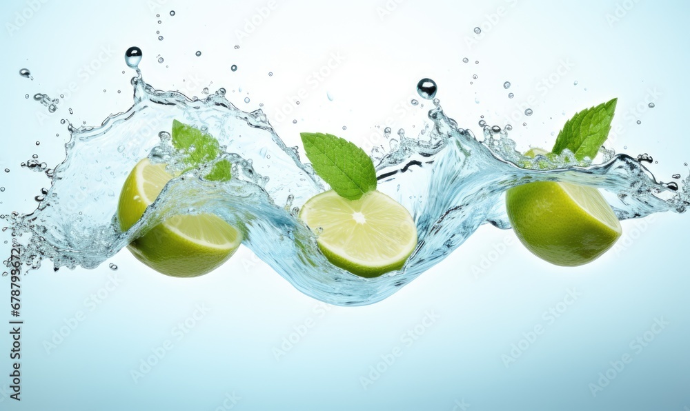 Poster limes and lime slices are splashing into the water with green leaves and water splashing on the top 