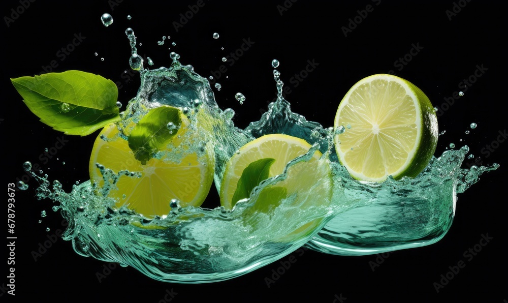 Poster a group of lemons with water splashing around them on a black background with green leaves and water