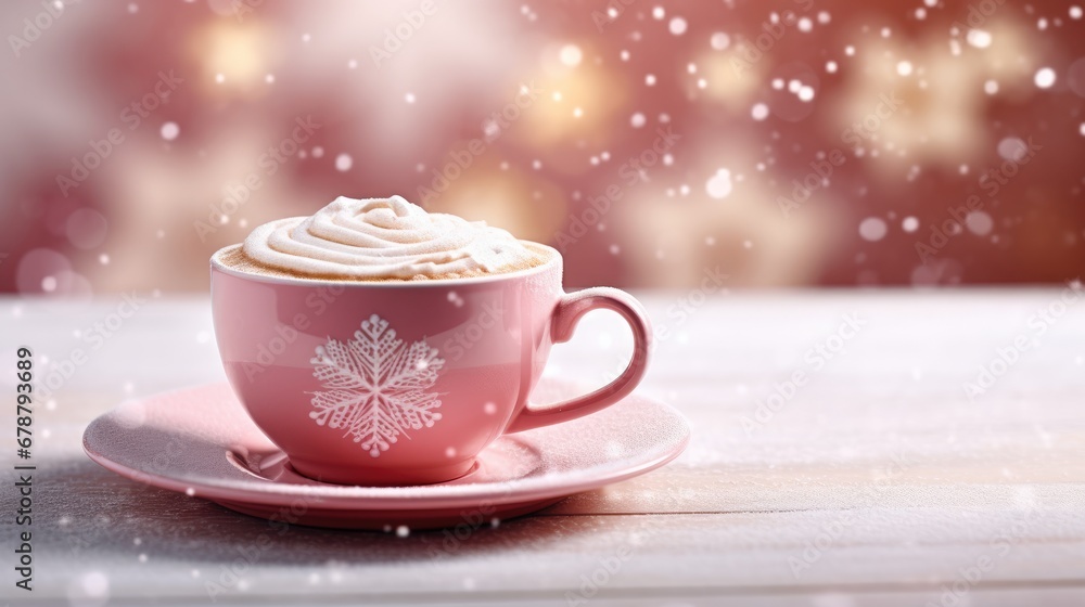Poster a close up of a cup of coffee on a saucer with a snowflake pattern on the cup and saucer on a table 