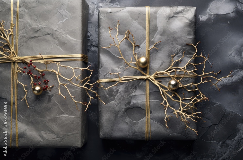 Poster a couple of wrapped presents sitting on top of a marble slab of counter top next to a tree branch wr