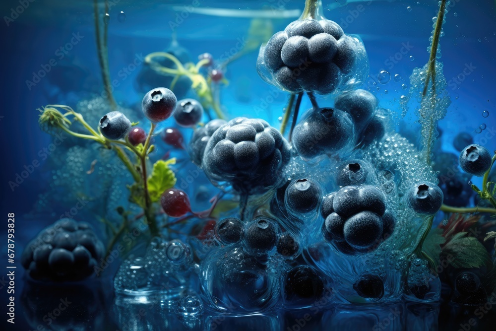 Poster a group of bubbles floating on top of a body of water with plants growing out of the bottom of the b