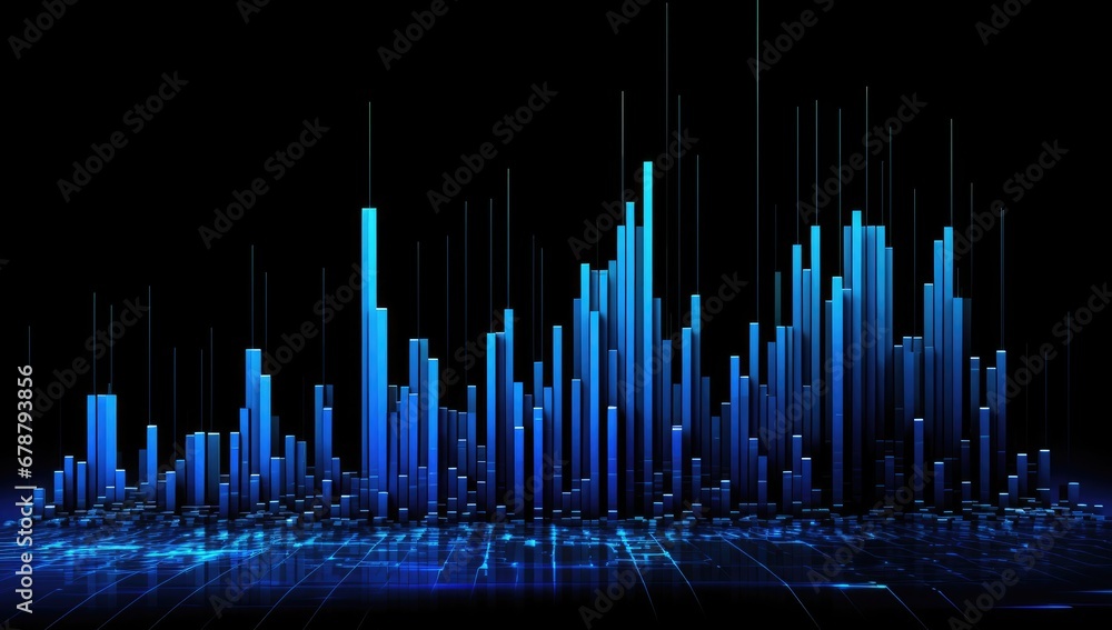 Poster a black and blue abstract background with lines and dots in the middle of the image and a black back