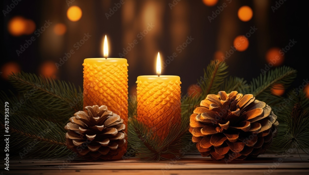 Poster a group of three candles sitting next to a pine cone on top of a wooden table next to a pine cone wi