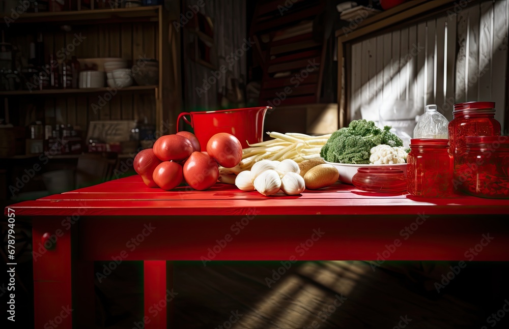 Poster a red table topped with lots of different types of fruits and veggies next to a red bucket of fruit 